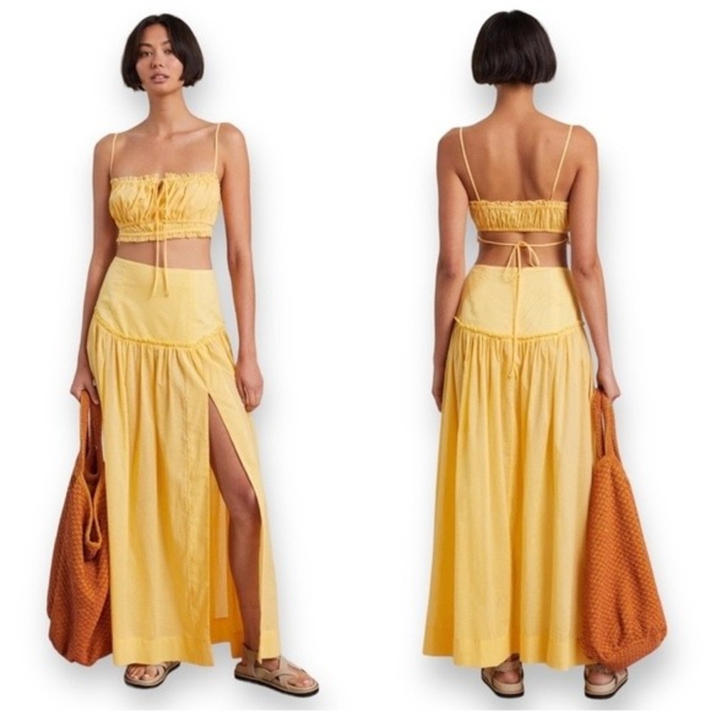 Bec + Bridge Skirt Set Alexandra Crop Top Ellie Maxi Skirt Straw Yellow